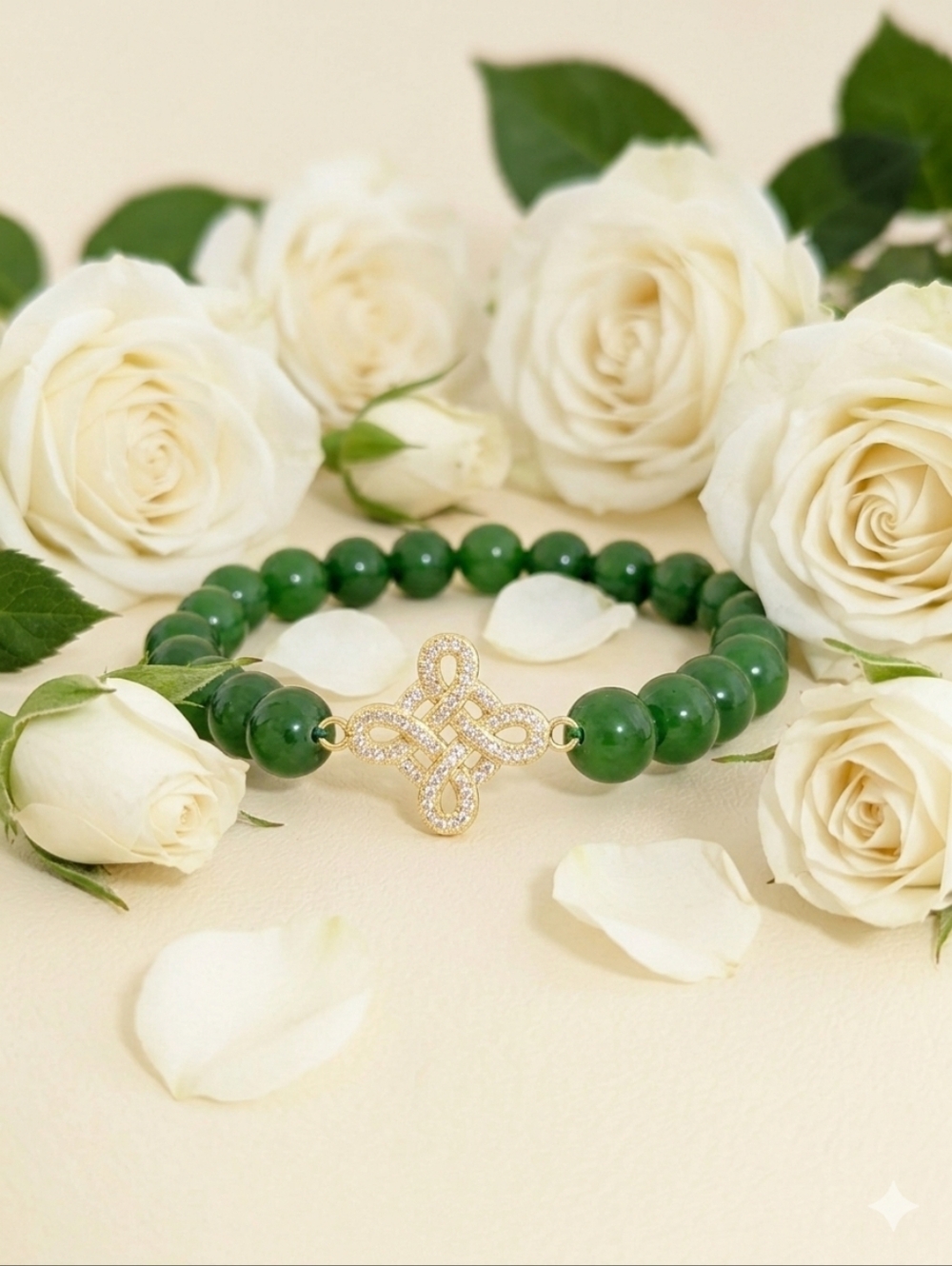 Green Jade Bracelet with Cubic Zirconia Charm